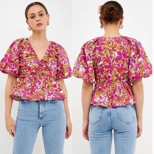 Endless Rose Floral Pleated Puff Sleeve Top